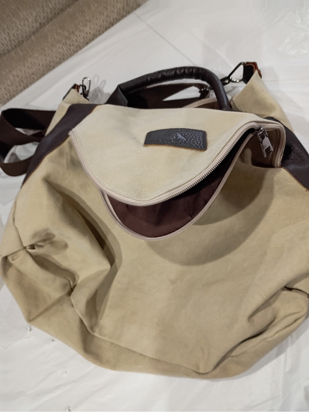 Large Beige Canvas & Brown Faux Leather Hobo Crossbody Bag Boho Tote - Picture 9 of 11